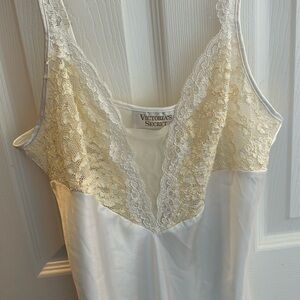 Victoria Secret Gold Label Vintage 90s Ivory White Silky Lace Slip Nightgown